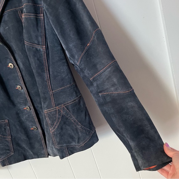 Vintage Danier Suede Leather Denim Blue Jacket Orange Contrast Stitching Y2K - Picture 3 of 13